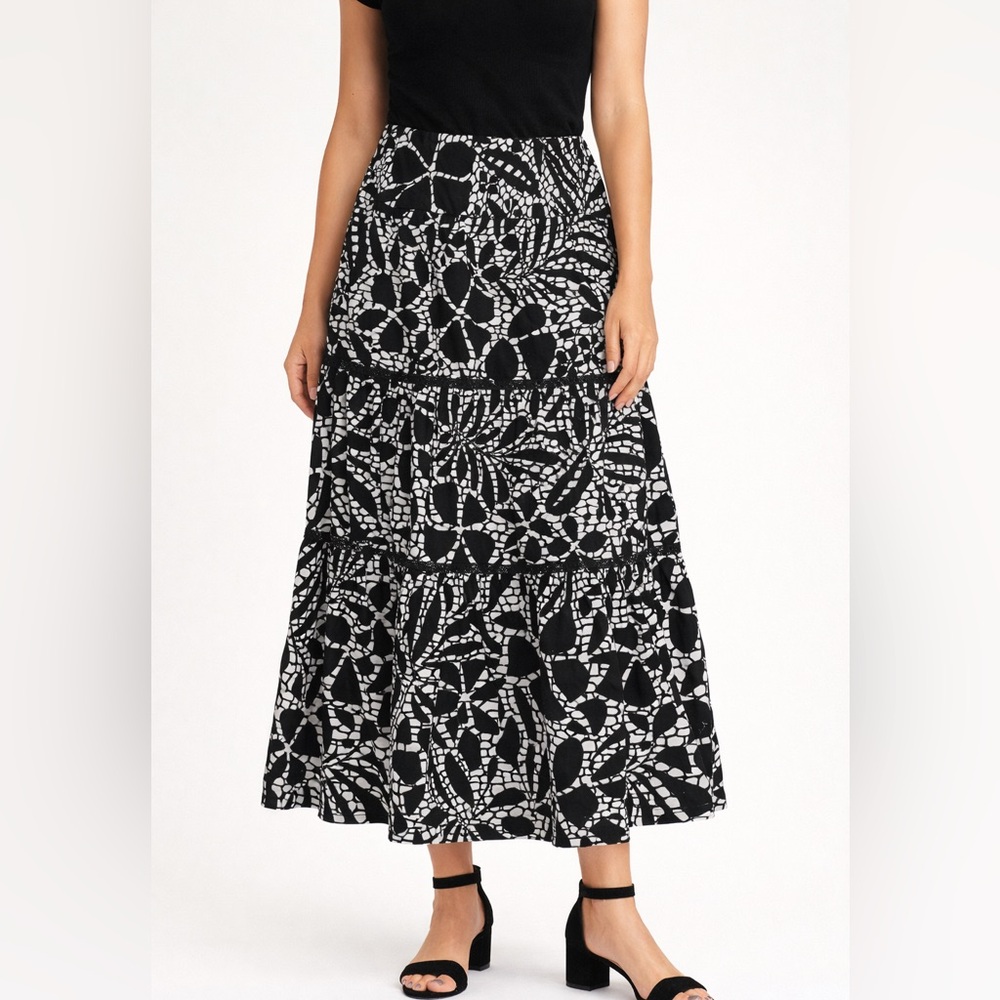 Black White Tiered Midi Skirt Flowy Cotton Summer Casual Size 8